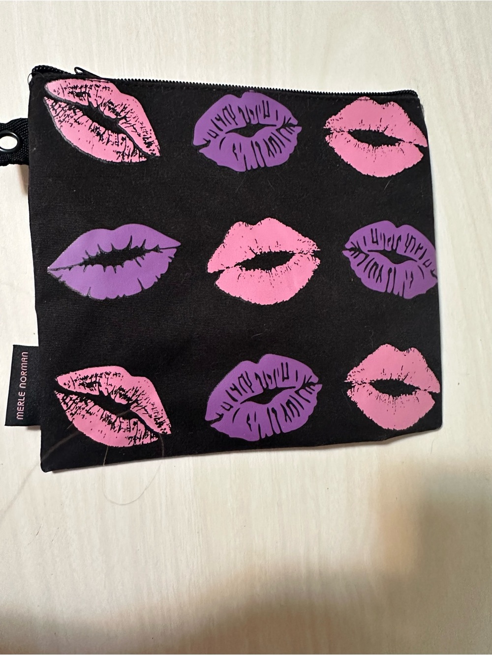 Merle Norman Pink and Purple Kiss Print Makeup Pouch